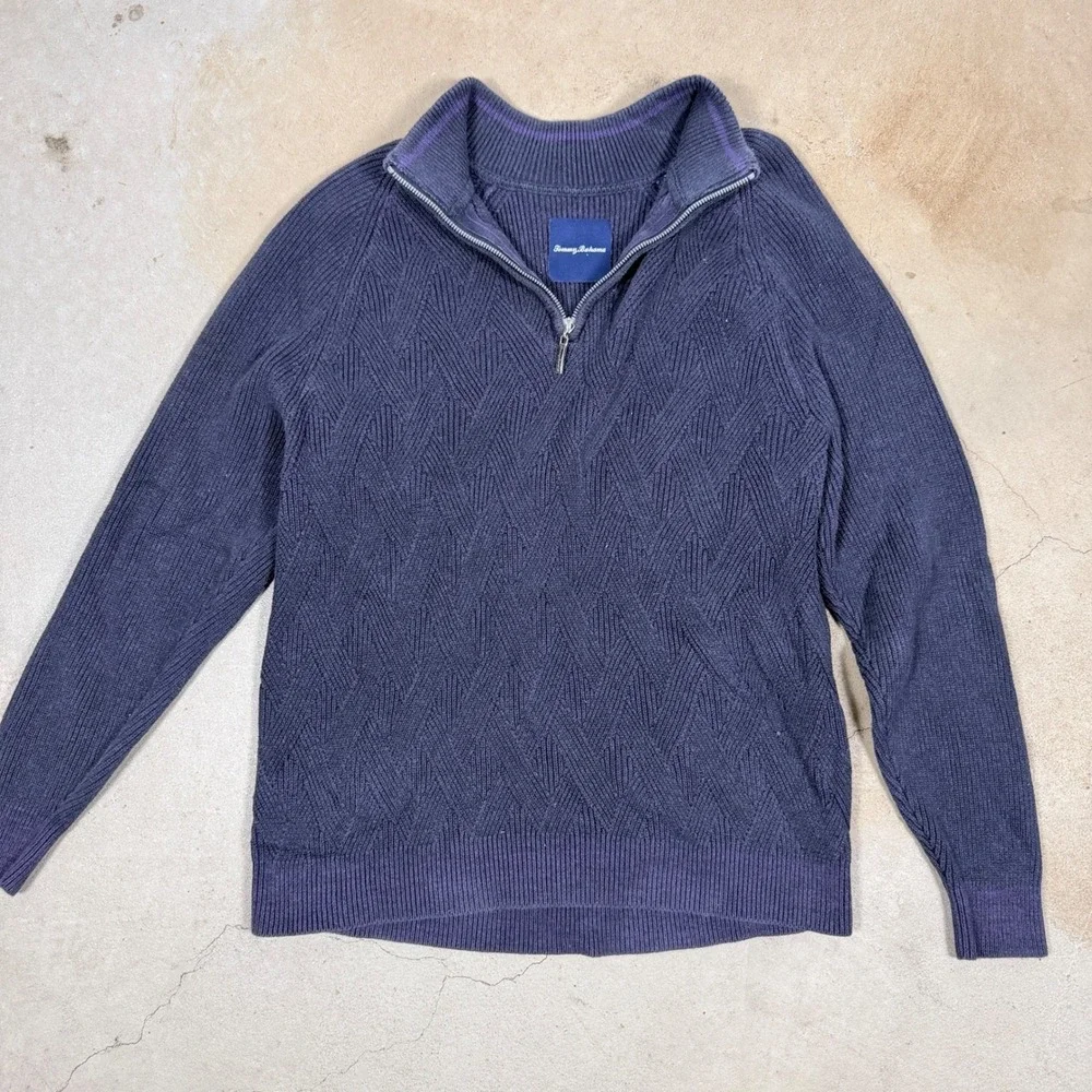 Tommy Bahama‎ Mens Navy Blue Textured Quarter Zip Sweater 100% Cotton Size L